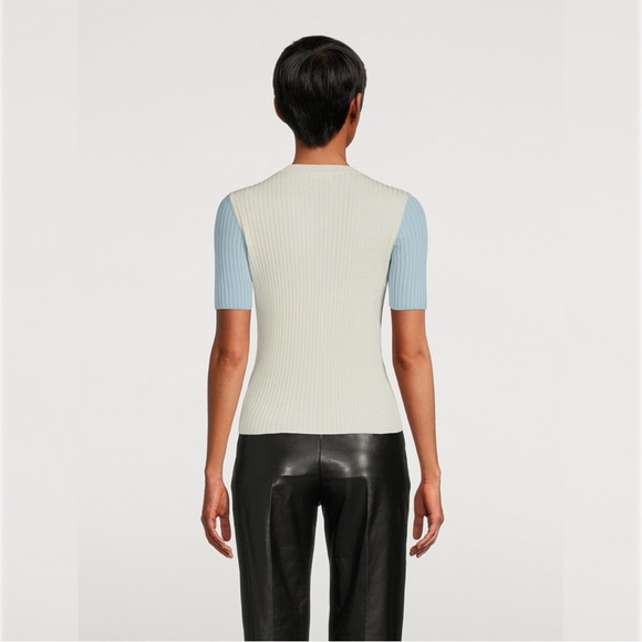 Akris Punto Virgin Wool Short Sleeve Sweater Womens US 14 Blue Cream Ribbed Crew - Picture 4 of 13